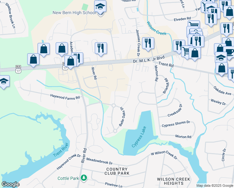 map of restaurants, bars, coffee shops, grocery stores, and more near 115 Fishing Creek Drive in New Bern