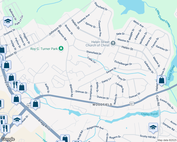 map of restaurants, bars, coffee shops, grocery stores, and more near 1812 Tryon Drive in Fayetteville