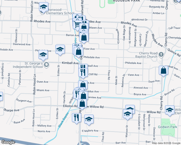 map of restaurants, bars, coffee shops, grocery stores, and more near 3993 Oak Cliff Road in Memphis