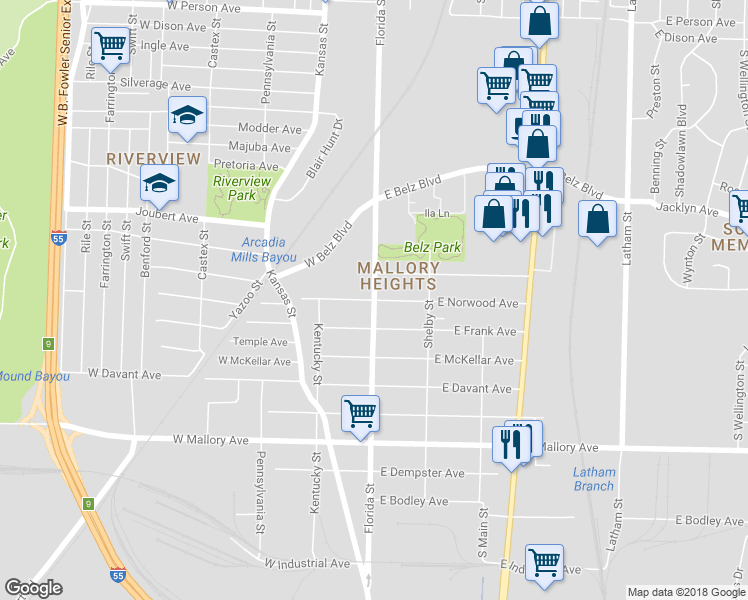 map of restaurants, bars, coffee shops, grocery stores, and more near E Norwood Ave & W Norwood Ave in Memphis