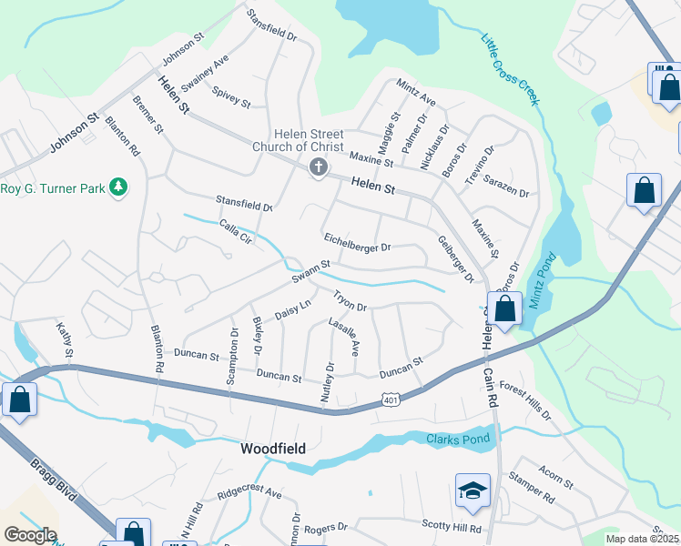 map of restaurants, bars, coffee shops, grocery stores, and more near 1812 Swann Street in Fayetteville