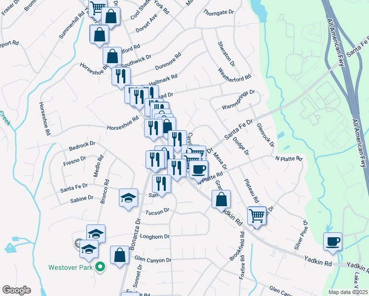 map of restaurants, bars, coffee shops, grocery stores, and more near 418 Adobe Court in Fayetteville