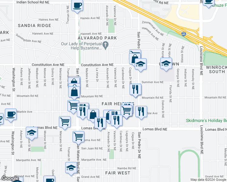 map of restaurants, bars, coffee shops, grocery stores, and more near 1409 Valencia Drive Northeast in Albuquerque
