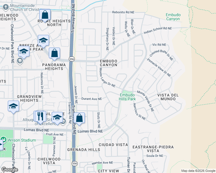 map of restaurants, bars, coffee shops, grocery stores, and more near 1320 Michael Hughes Drive Northeast in Albuquerque