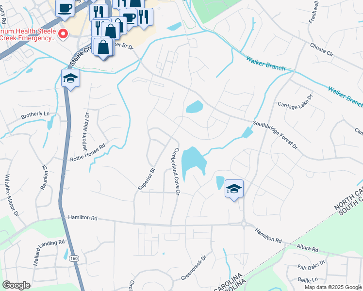map of restaurants, bars, coffee shops, grocery stores, and more near 12716 Cumberland Cove Drive in Charlotte