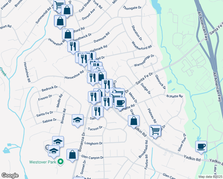map of restaurants, bars, coffee shops, grocery stores, and more near 418 Adobe Court in Fayetteville
