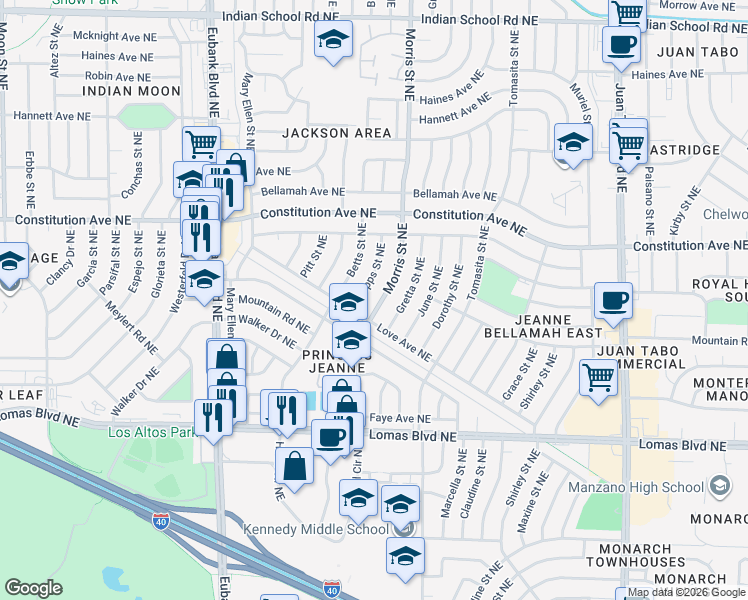 map of restaurants, bars, coffee shops, grocery stores, and more near 1107 Gretta Street Northeast in Albuquerque