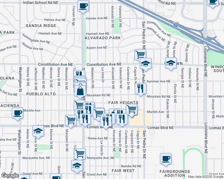 map of restaurants, bars, coffee shops, grocery stores, and more near 5512 Mountain Road Northeast in Albuquerque