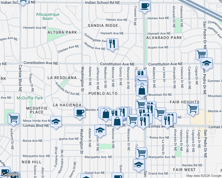 map of restaurants, bars, coffee shops, grocery stores, and more near 736 Madison Street Northeast in Albuquerque