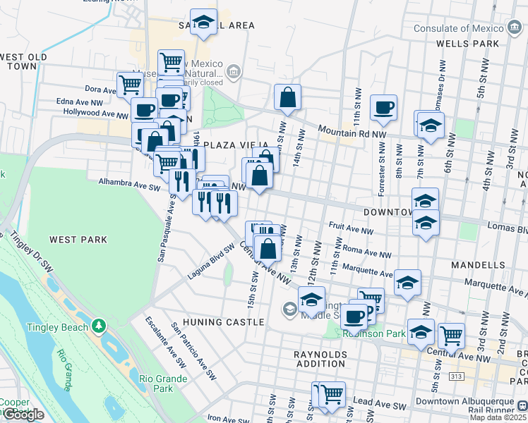 map of restaurants, bars, coffee shops, grocery stores, and more near 313 15th Street Southwest in Albuquerque