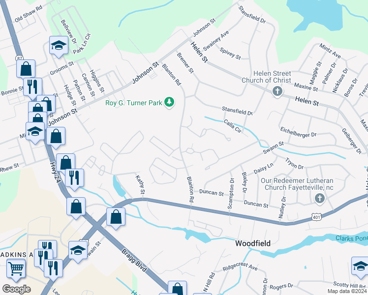 map of restaurants, bars, coffee shops, grocery stores, and more near 1912 Tryon Drive in Fayetteville