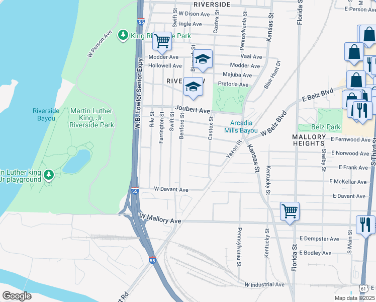 map of restaurants, bars, coffee shops, grocery stores, and more near 276 West Frank Avenue in Memphis