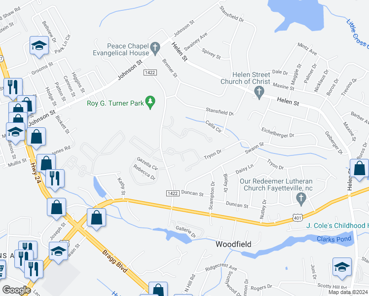 map of restaurants, bars, coffee shops, grocery stores, and more near 1886 Tryon Drive in Fayetteville