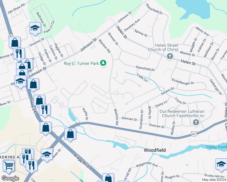 map of restaurants, bars, coffee shops, grocery stores, and more near 1912 Tryon Drive in Fayetteville