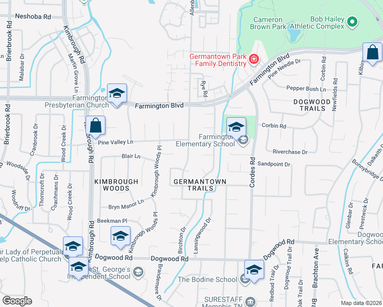 map of restaurants, bars, coffee shops, grocery stores, and more near 2128 Allenby Road in Germantown