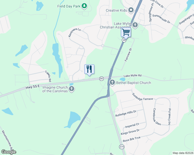 map of restaurants, bars, coffee shops, grocery stores, and more near 5360 State Highway 55 East in Clover