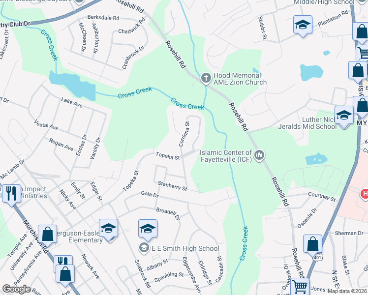 map of restaurants, bars, coffee shops, grocery stores, and more near 2022-2026 Corrinna St in Fayetteville