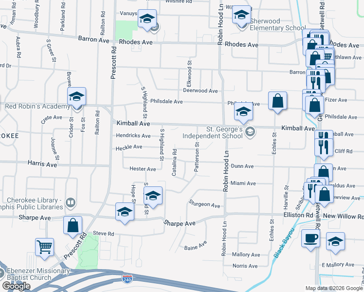 map of restaurants, bars, coffee shops, grocery stores, and more near 3587 Kimball Avenue in Memphis