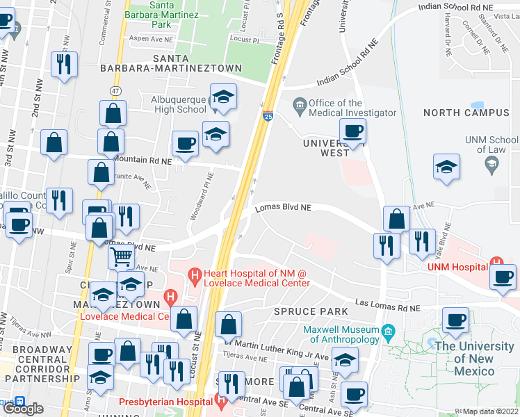 map of restaurants, bars, coffee shops, grocery stores, and more near 1100 Lomas Blvd NE in Albuquerque