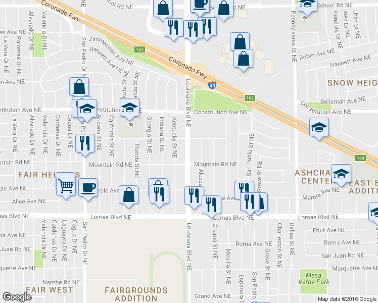 map of restaurants, bars, coffee shops, grocery stores, and more near in Albuquerque