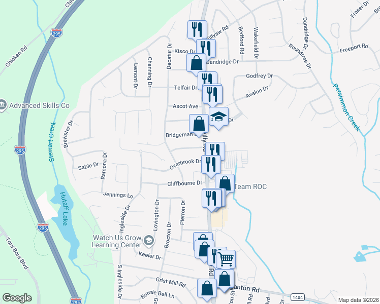 map of restaurants, bars, coffee shops, grocery stores, and more near 7518 Amberly Way Drive in Fayetteville