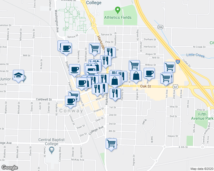 map of restaurants, bars, coffee shops, grocery stores, and more near 901 West Oak Street in Conway