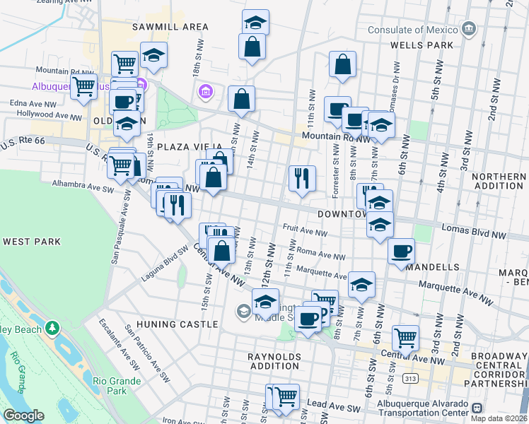 map of restaurants, bars, coffee shops, grocery stores, and more near in Albuquerque