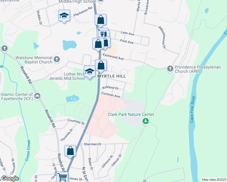 map of restaurants, bars, coffee shops, grocery stores, and more near 117 Kirkland Drive in Fayetteville