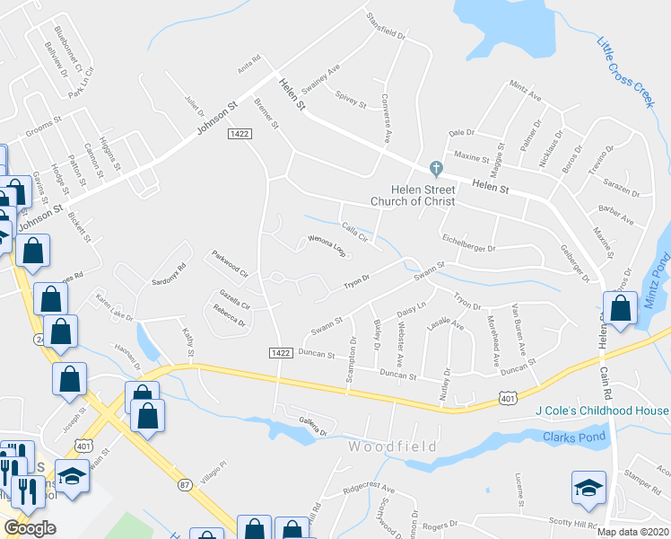 map of restaurants, bars, coffee shops, grocery stores, and more near 1909 Wenona Loop in Fayetteville