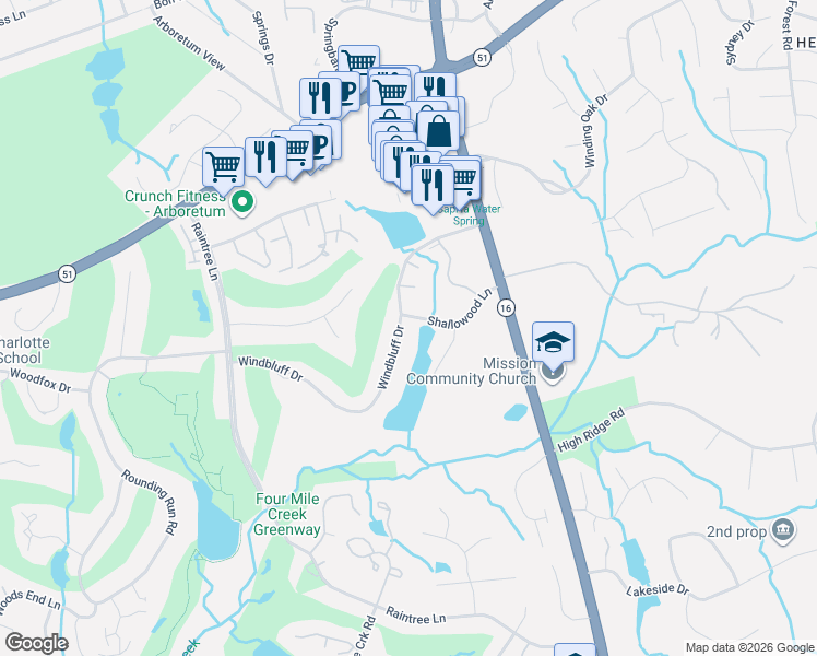 map of restaurants, bars, coffee shops, grocery stores, and more near 3136 Shallowood Lane in Charlotte