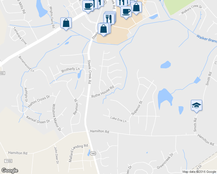 map of restaurants, bars, coffee shops, grocery stores, and more near 13014 Ballyhack Court in Charlotte