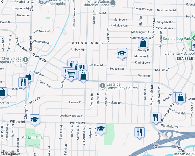 map of restaurants, bars, coffee shops, grocery stores, and more near 1434 Dearing Road in Memphis
