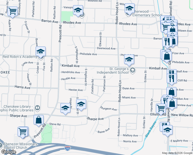 map of restaurants, bars, coffee shops, grocery stores, and more near 3587 Kimball Avenue in Memphis