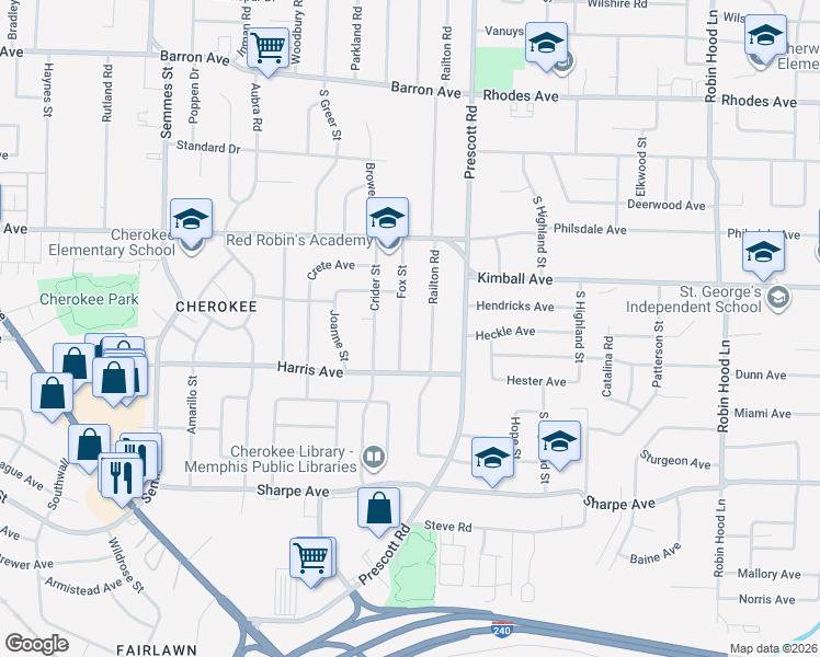 map of restaurants, bars, coffee shops, grocery stores, and more near 1433 Fox Street in Memphis