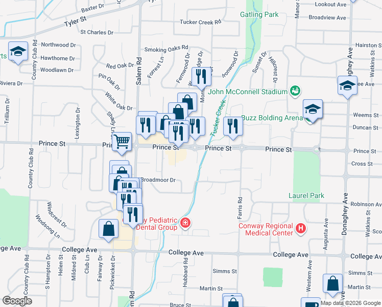 map of restaurants, bars, coffee shops, grocery stores, and more near 1055 Morningside Drive in Conway