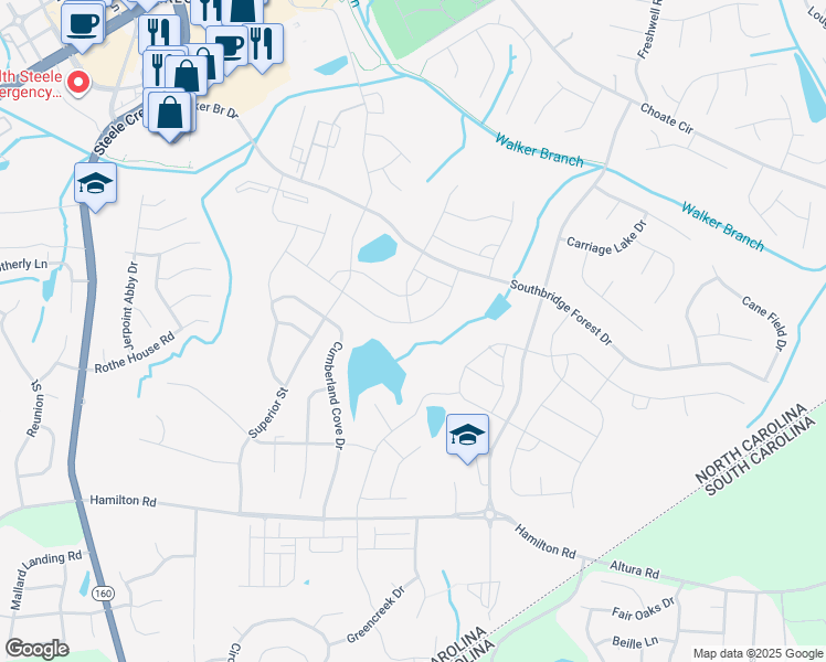 map of restaurants, bars, coffee shops, grocery stores, and more near 15960 Harbor Hill Drive in Charlotte