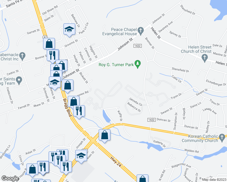 map of restaurants, bars, coffee shops, grocery stores, and more near 1820 Sardonyx Road in Fayetteville