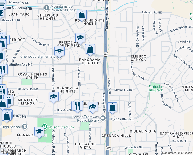 map of restaurants, bars, coffee shops, grocery stores, and more near 1501 Tramway Boulevard Northeast in Albuquerque