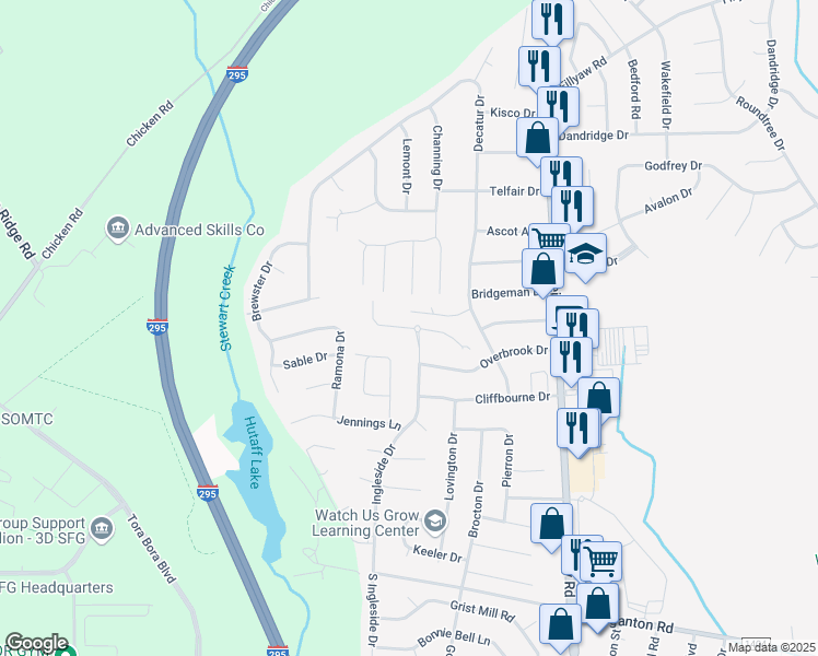 map of restaurants, bars, coffee shops, grocery stores, and more near 7609 West Netherland Drive in Fayetteville