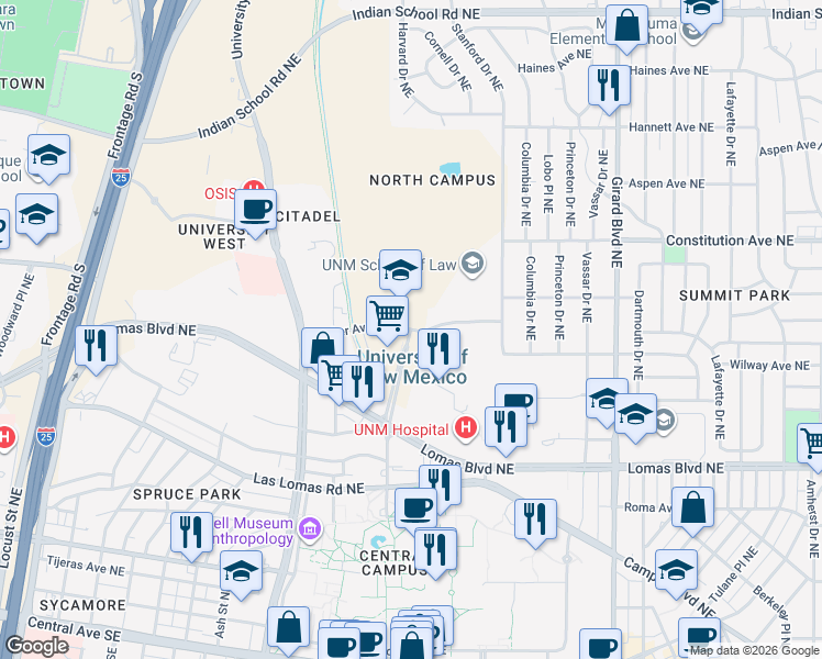 map of restaurants, bars, coffee shops, grocery stores, and more near Yale Boulevard Northeast in Albuquerque