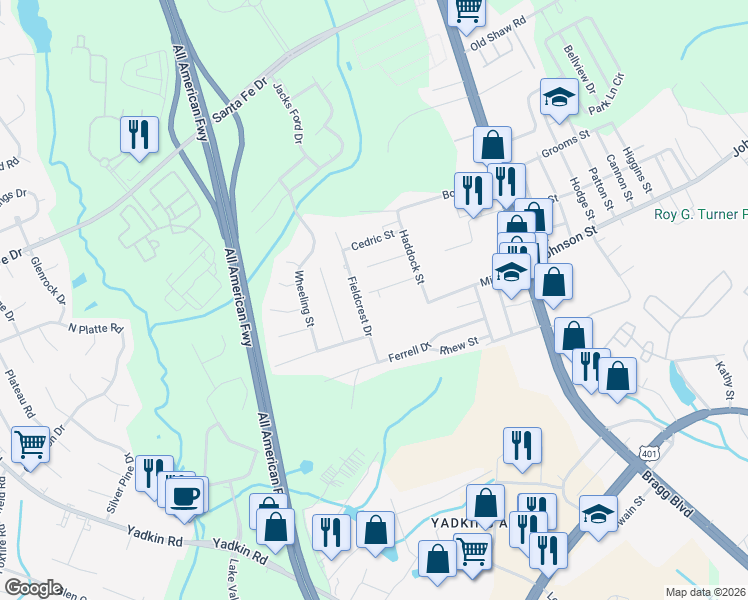 map of restaurants, bars, coffee shops, grocery stores, and more near 446 Allwood Drive in Fayetteville