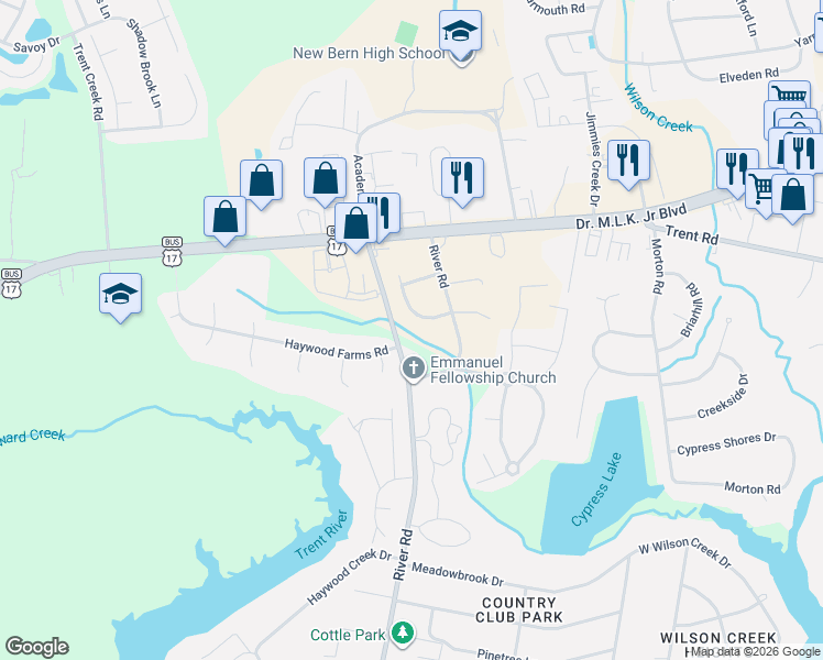 map of restaurants, bars, coffee shops, grocery stores, and more near 4102 Edwards Way in New Bern
