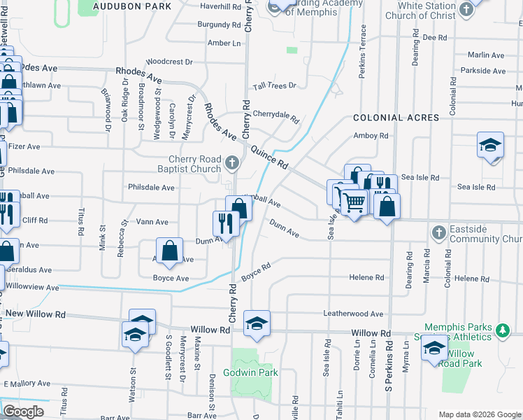 map of restaurants, bars, coffee shops, grocery stores, and more near 1434 Flamingo Road in Memphis