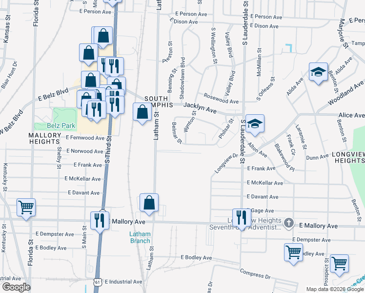 map of restaurants, bars, coffee shops, grocery stores, and more near 2020 Belmar Street in Memphis