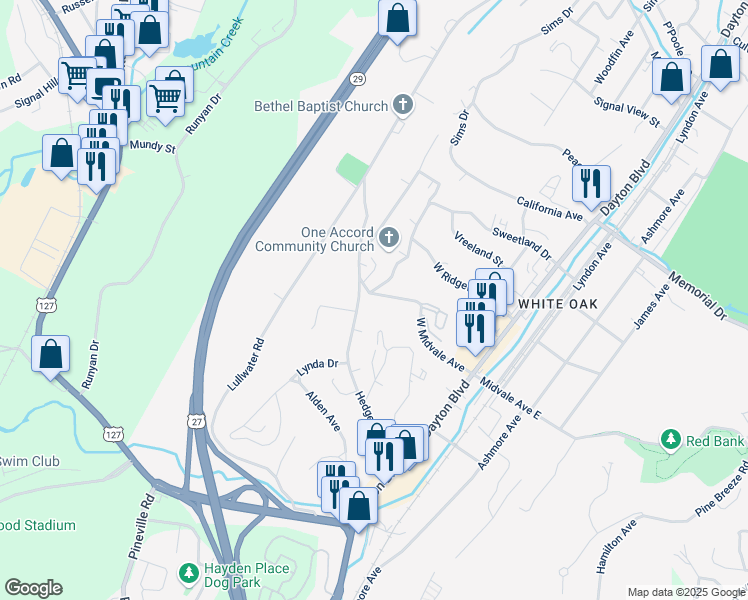 map of restaurants, bars, coffee shops, grocery stores, and more near 326 West Midvale Avenue in Chattanooga