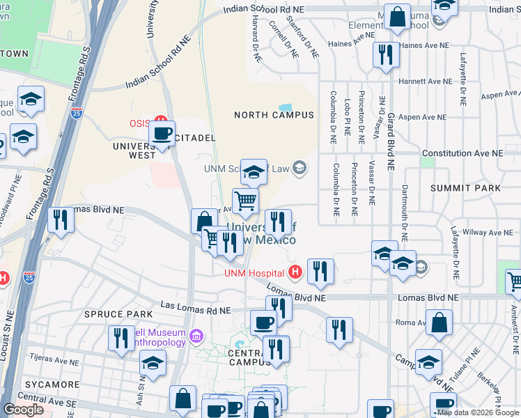 map of restaurants, bars, coffee shops, grocery stores, and more near in Albuquerque