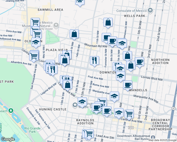 map of restaurants, bars, coffee shops, grocery stores, and more near 1111 Lomas Boulevard Northwest in Albuquerque