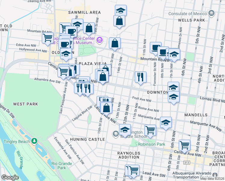 map of restaurants, bars, coffee shops, grocery stores, and more near 330 Lomas Boulevard Northwest in Albuquerque