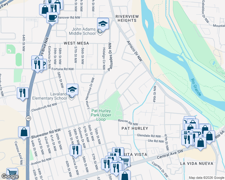 map of restaurants, bars, coffee shops, grocery stores, and more near 5160 Lomas De Atrisco Road Northwest in Albuquerque