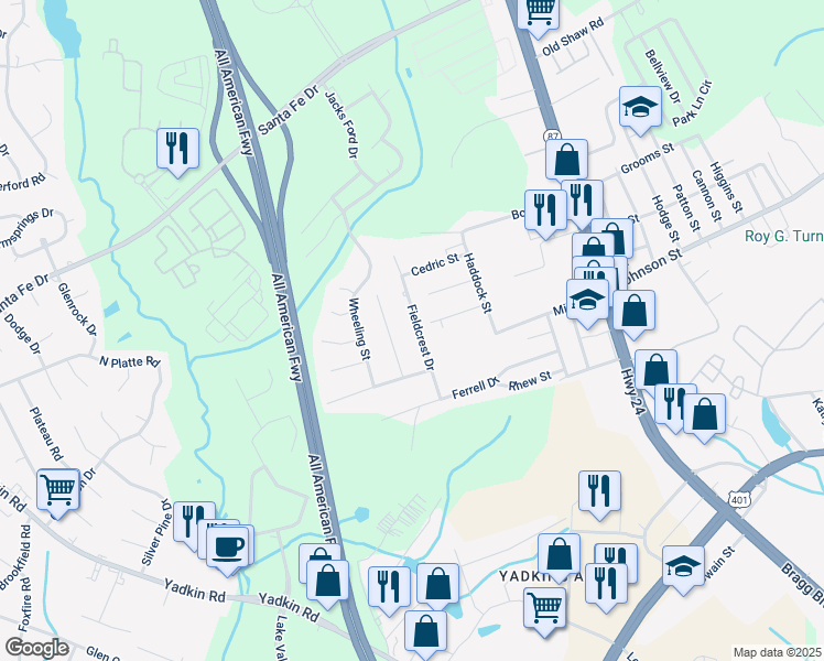 map of restaurants, bars, coffee shops, grocery stores, and more near 4955 Fieldcrest Drive in Fayetteville